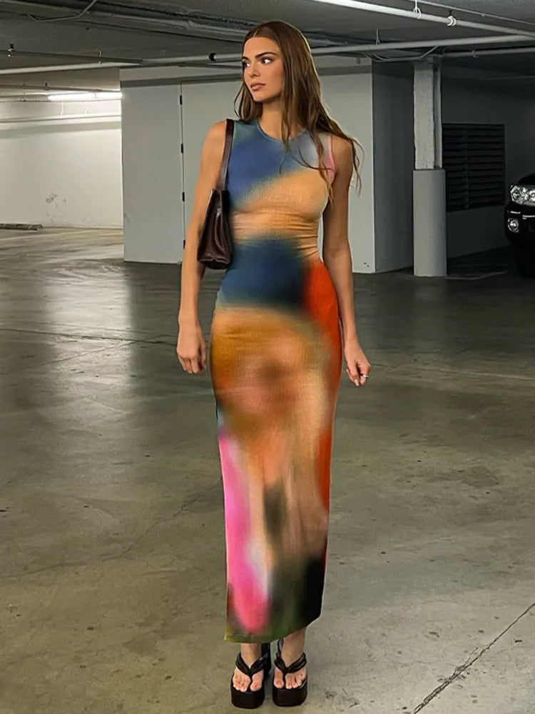 Tie Dye Print Ribbed Midi Dress Bodycon Side Slit Y2K