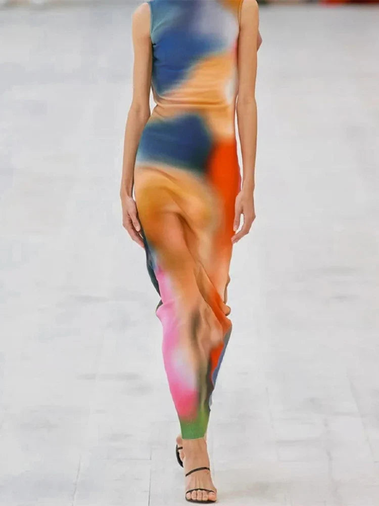 Tie Dye Print Ribbed Midi Dress Bodycon Side Slit Y2K