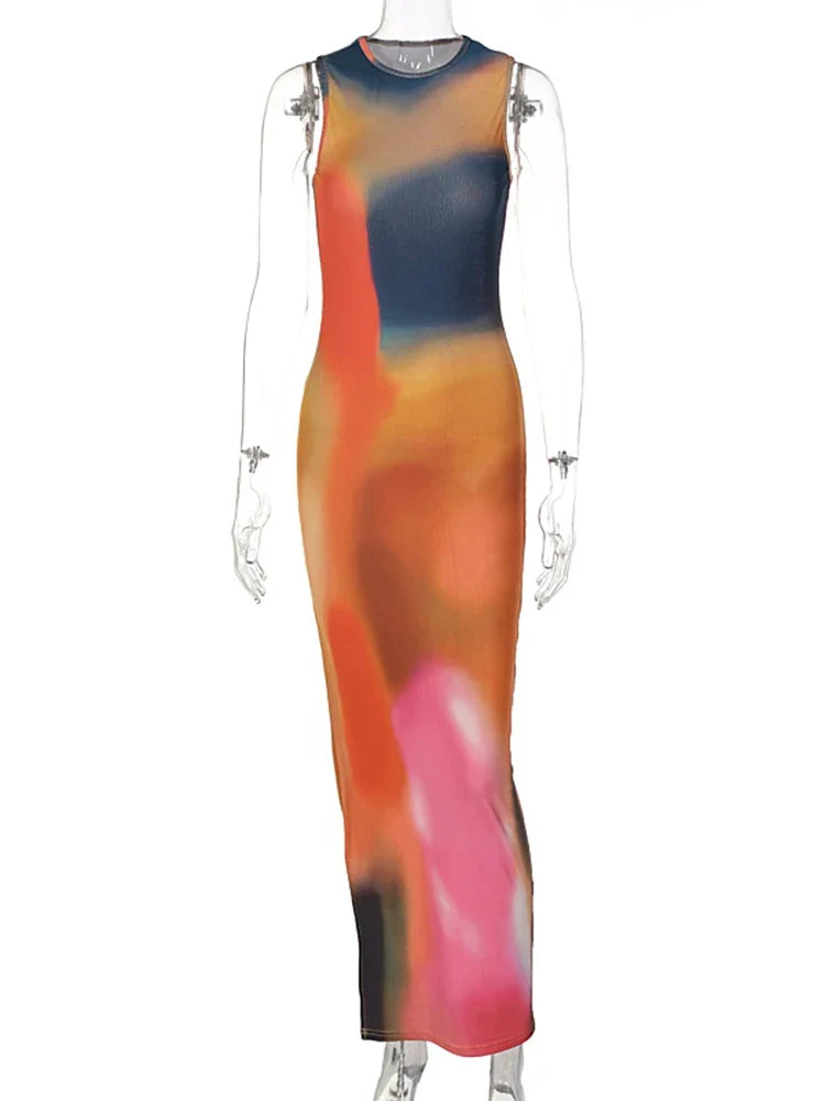 Tie Dye Print Ribbed Midi Dress Bodycon Side Slit Y2K