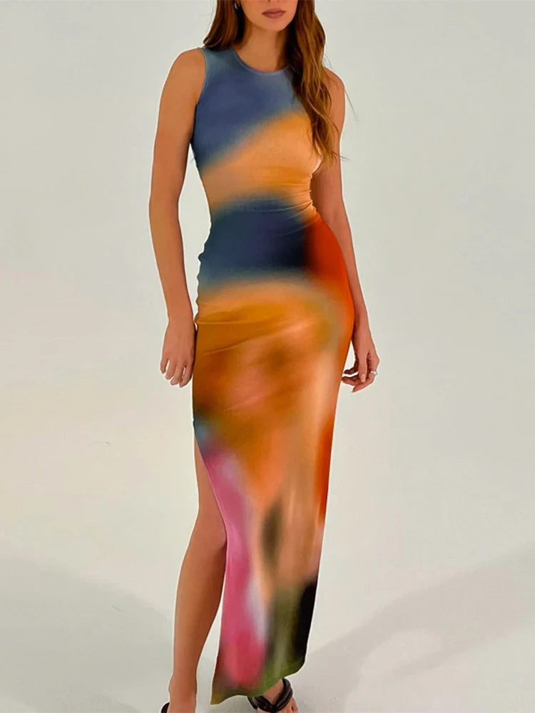 Tie Dye Print Ribbed Midi Dress Bodycon Side Slit Y2K