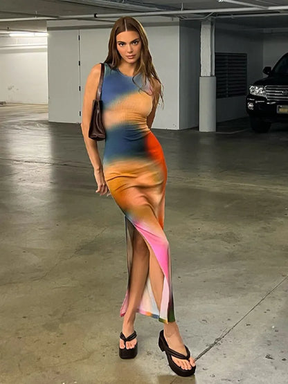 Tie Dye Print Ribbed Midi Dress Bodycon Side Slit Y2K