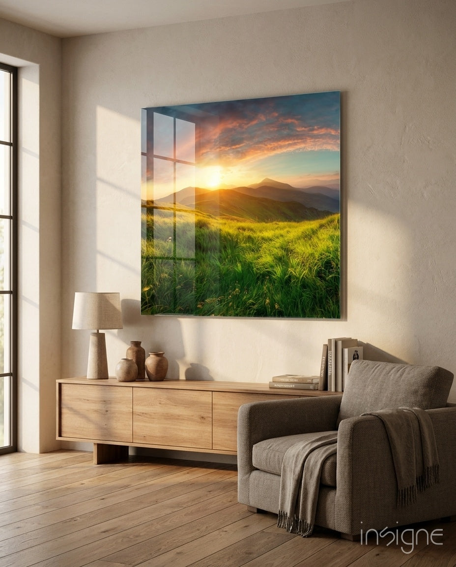 Coral Cloud Sunrise Grass Valley Glass Wall Art