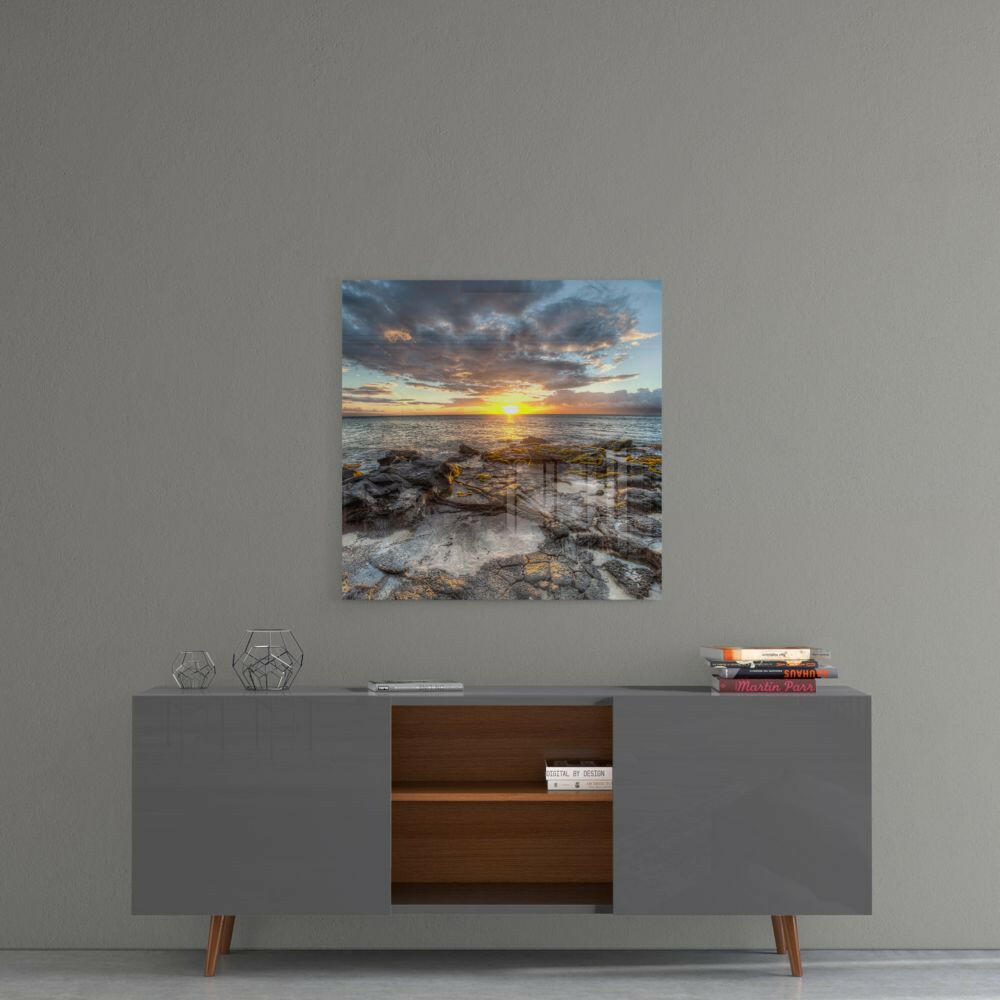 Rocky Shore Sunset Square Glass Wall Art