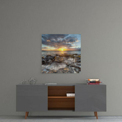 Rocky Shore Sunset Square Glass Wall Art