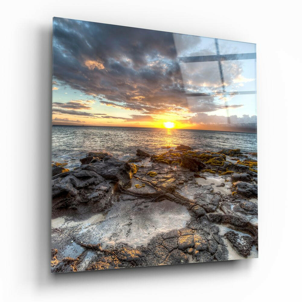 Rocky Shore Sunset Square Glass Wall Art