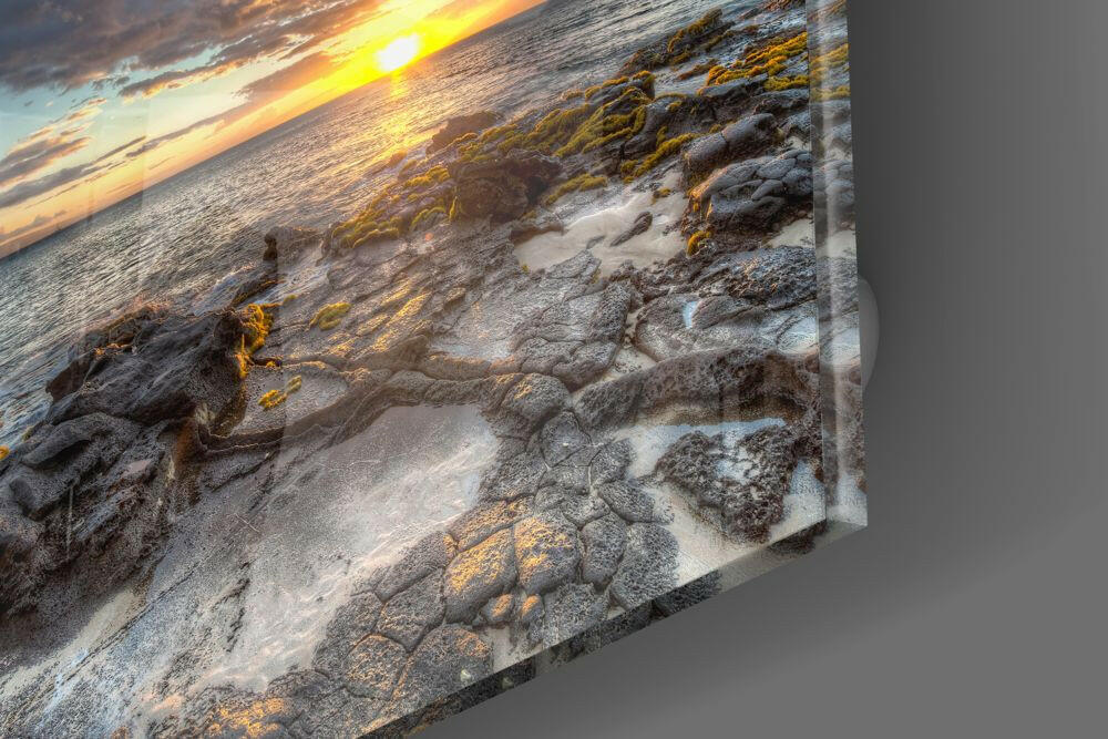 Rocky Shore Sunset Square Glass Wall Art