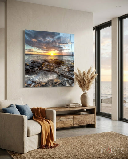 Rocky Shore Sunset Square Glass Wall Art