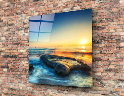 Rocky Shore Ocean Sunset Glass Wall Art