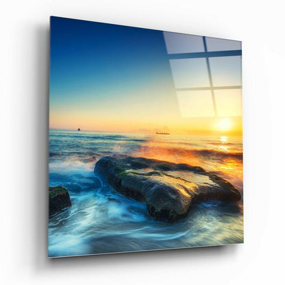 Rocky Shore Ocean Sunset Glass Wall Art