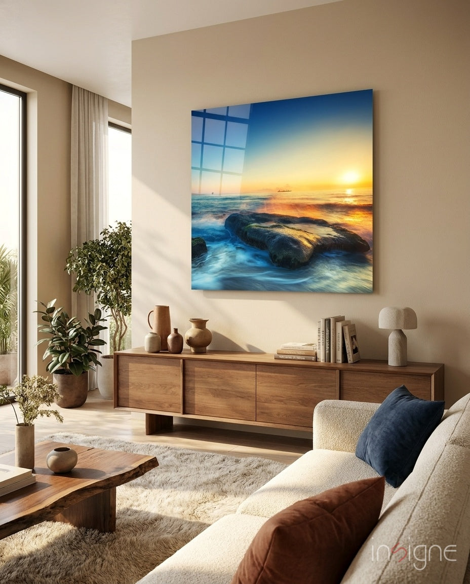 Rocky Shore Ocean Sunset Glass Wall Art