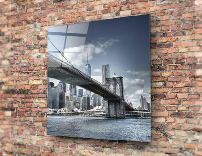 Blue Sky Brooklyn Bridge Skyline Glass Wall Art