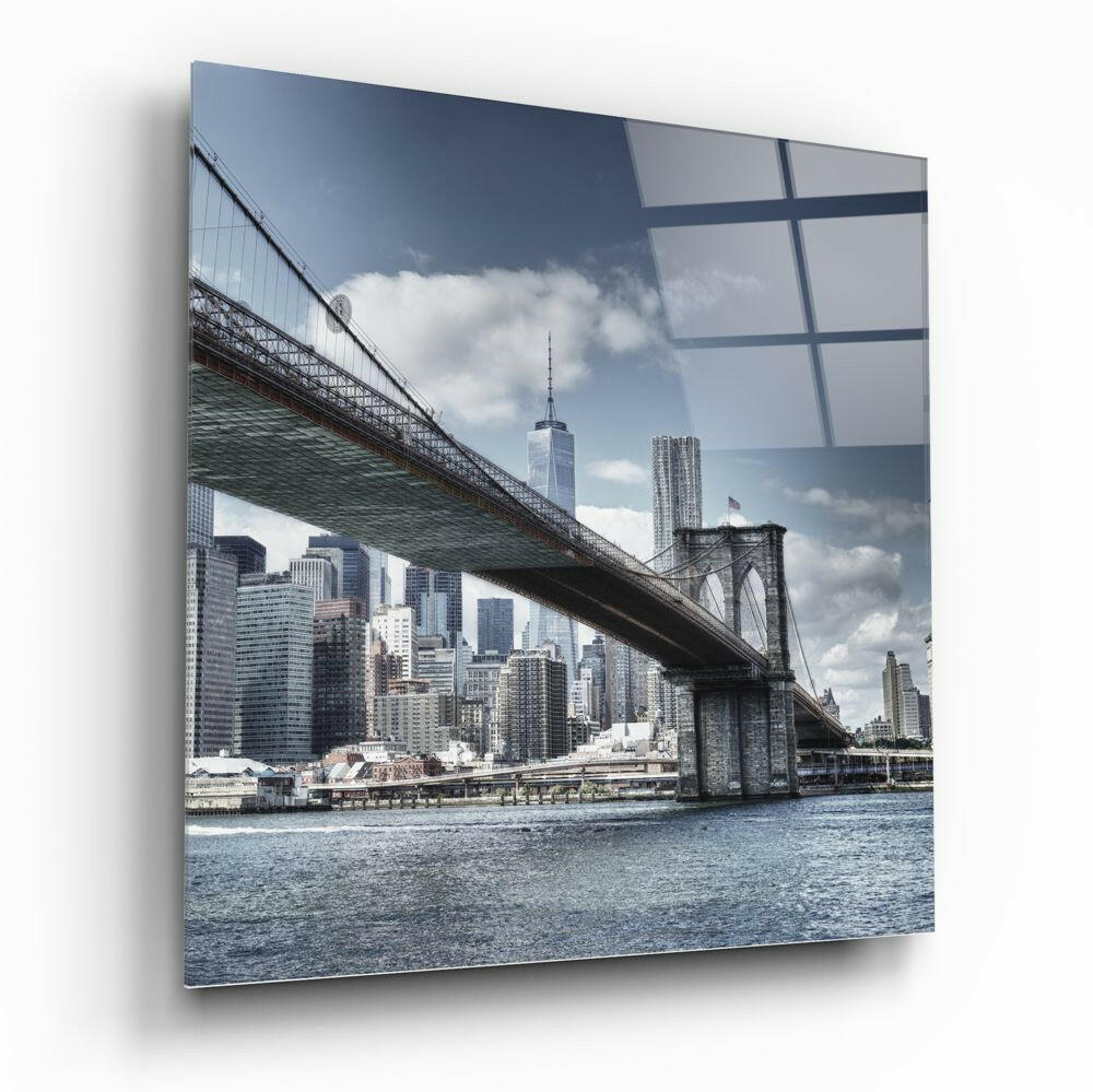 Blue Sky Brooklyn Bridge Skyline Glass Wall Art