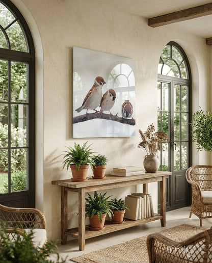 Three Sparrows On Snowy Branch Glass Wall Art