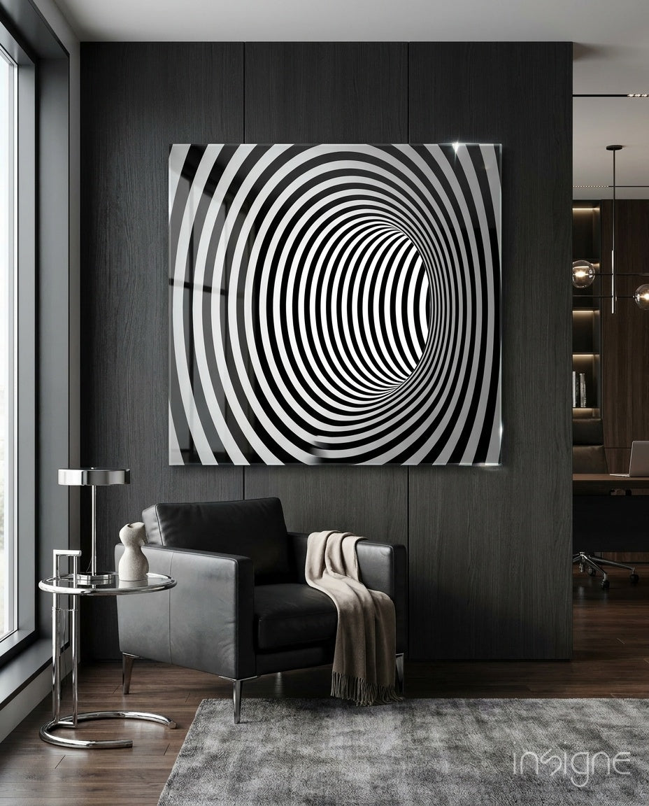 Striped Monochrome Tunnel Illusion Glass Wall Art