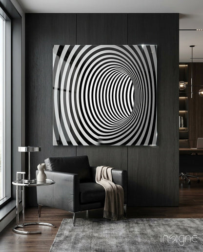 Striped Monochrome Tunnel Illusion Glass Wall Art