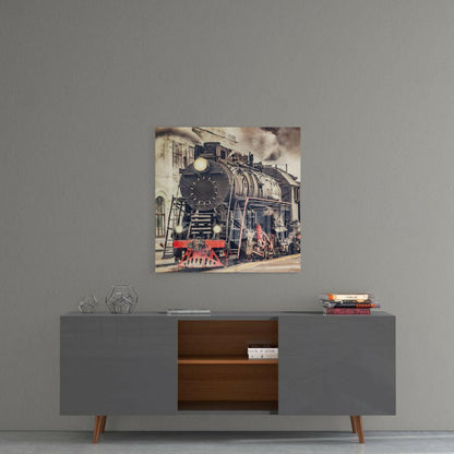 Vintage Black Steam Locomotive Front Glass Wall Art