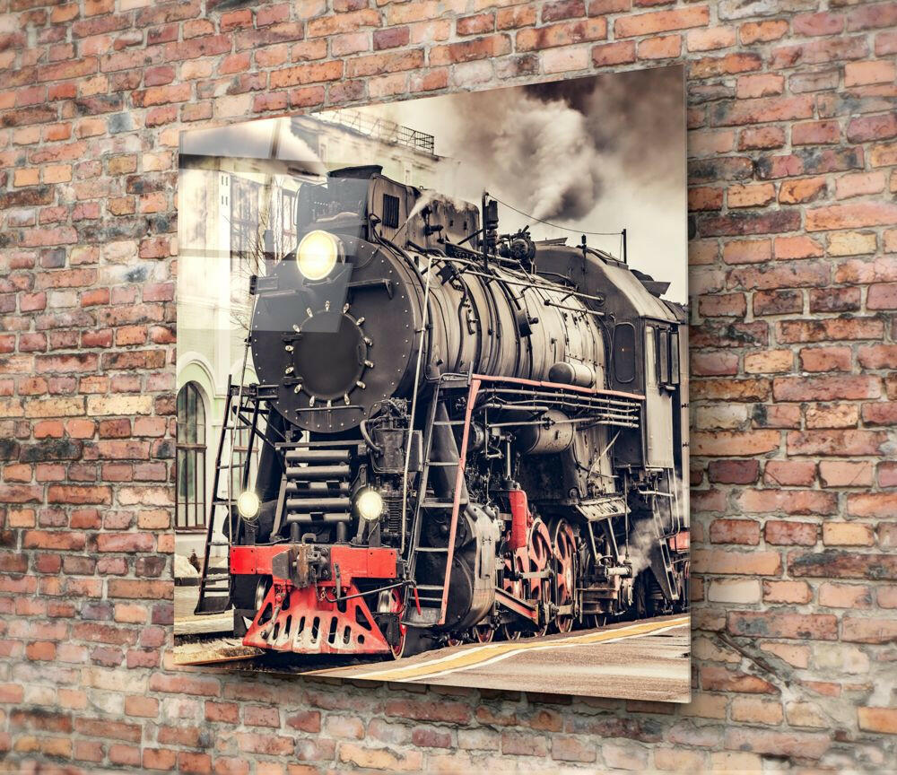 Vintage Black Steam Locomotive Front Glass Wall Art