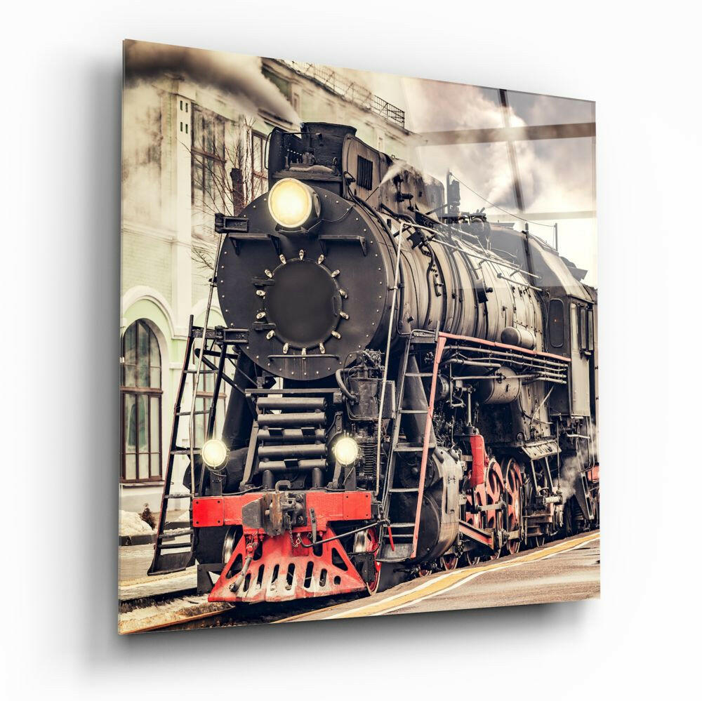 Vintage Black Steam Locomotive Front Glass Wall Art
