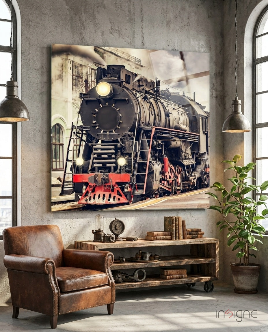 Vintage Black Steam Locomotive Front Glass Wall Art