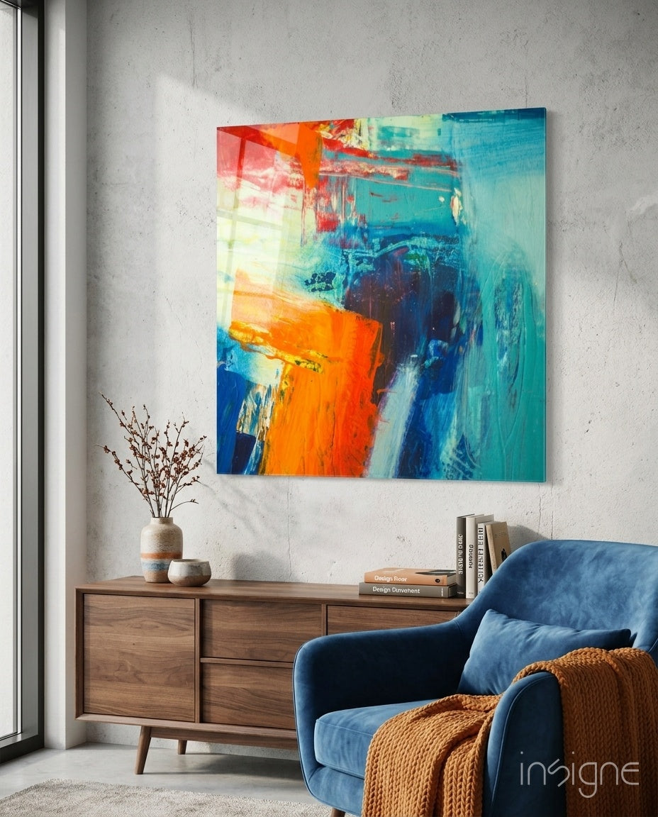 Vibrant Orange Teal Abstract Glass Wall Art