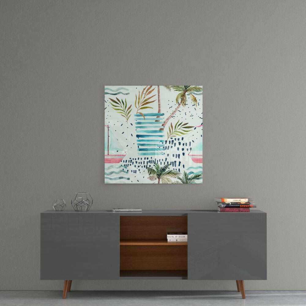 Tropical Palm and Sailboat Glass Wall Art