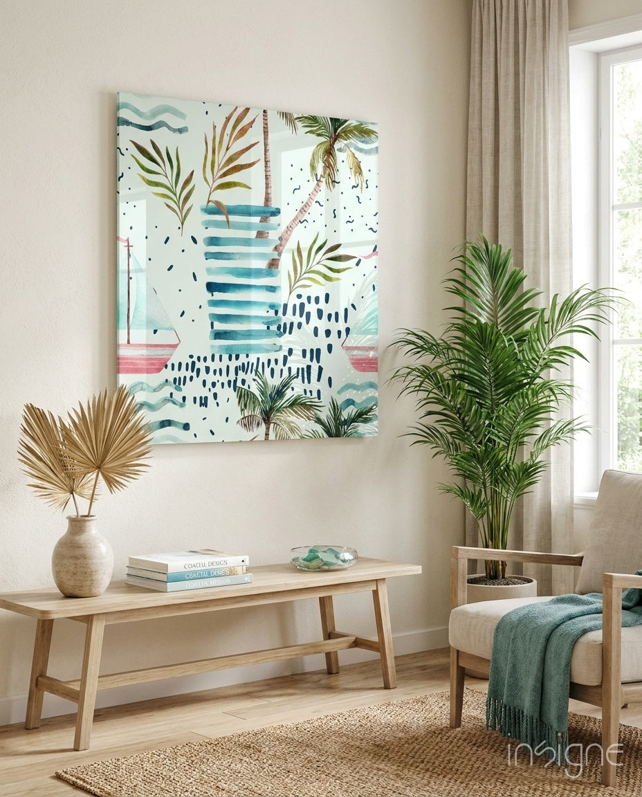 Tropical Palm and Sailboat Glass Wall Art