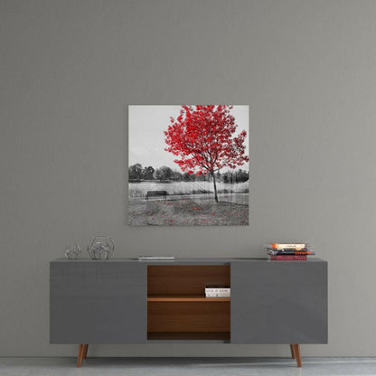 Red Tree Lakeside Bench Glass Wall Art