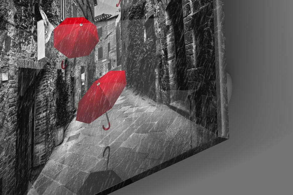 Three Floating Red Umbrellas Rainy Alley Glass Wall Art