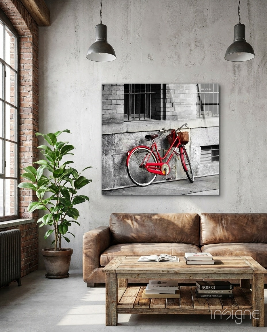 Red Bicycle Basket Brick Alley Glass Wall Art