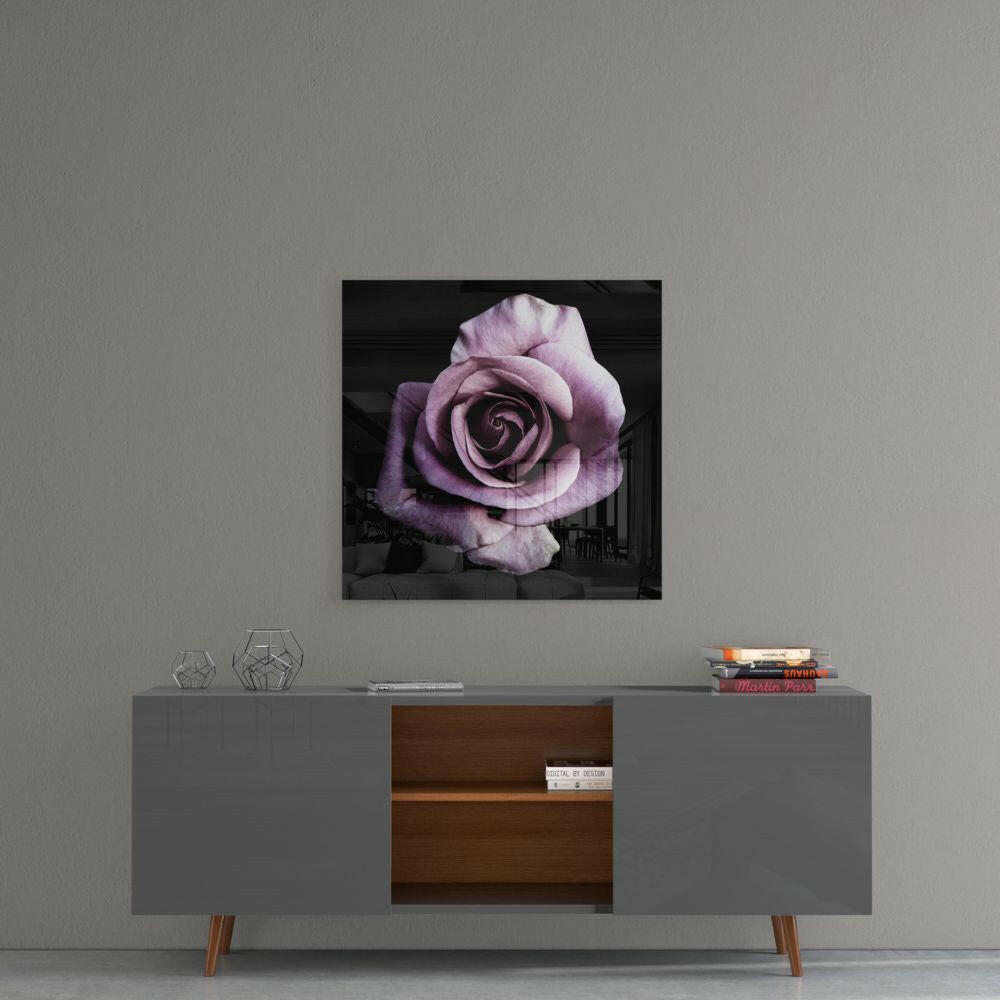 Single Lilac Rose On Black Glass Wall Art
