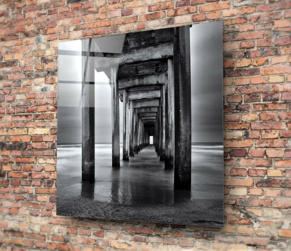Black White Under Pier Arches Glass Wall Art