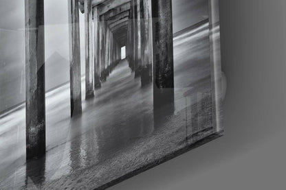 Black White Under Pier Arches Glass Wall Art