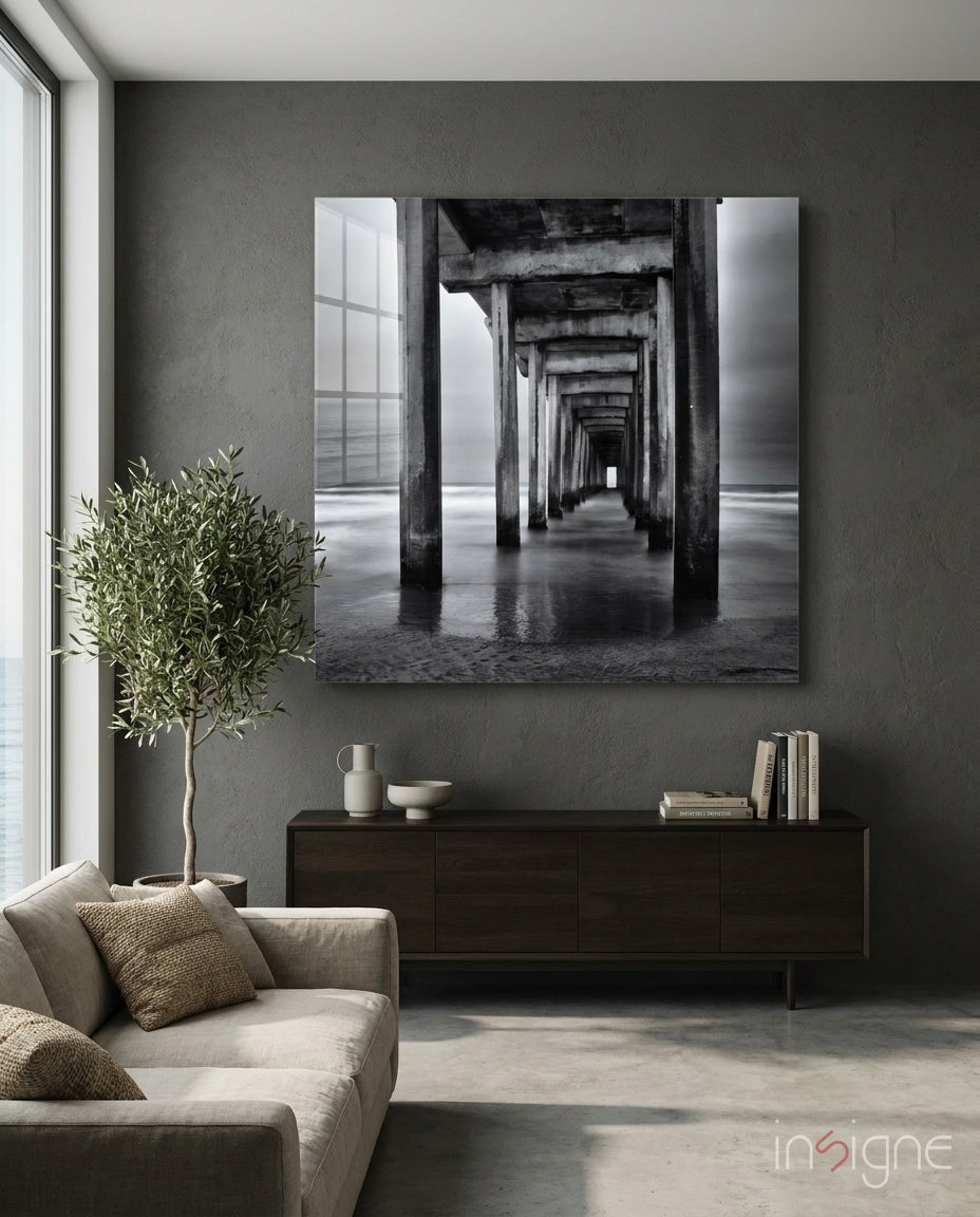 Black White Under Pier Arches Glass Wall Art
