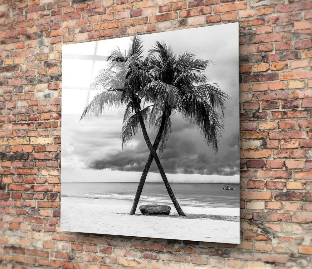 Crossed Trunks Monochrome Palm Trees Glass Wall Art