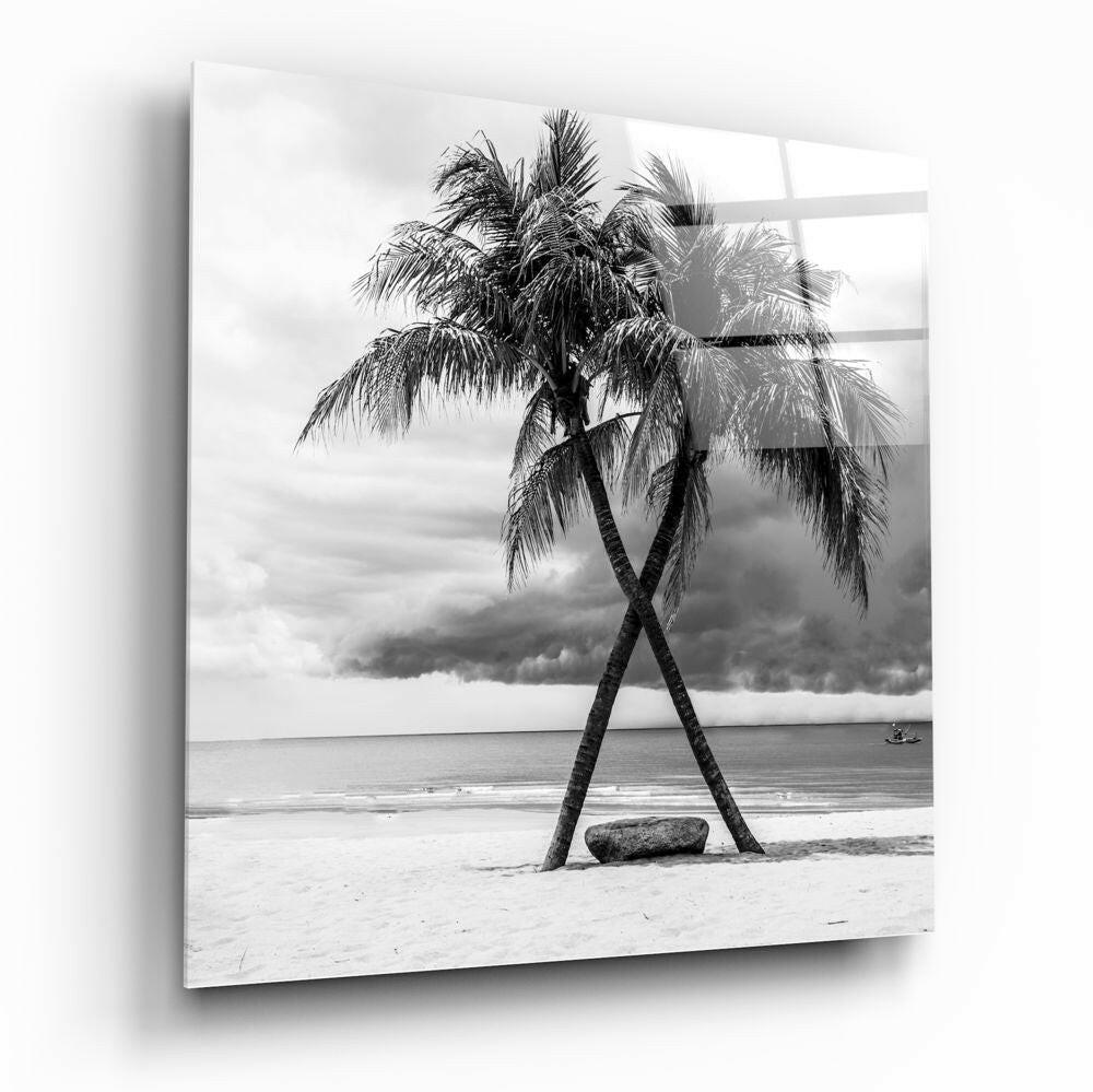 Crossed Trunks Monochrome Palm Trees Glass Wall Art