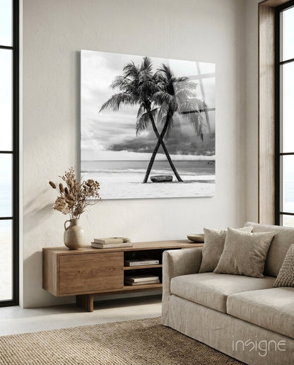 Crossed Trunks Monochrome Palm Trees Glass Wall Art