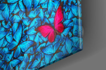 Pink Butterfly on Blue Swarm Glass Wall Art
