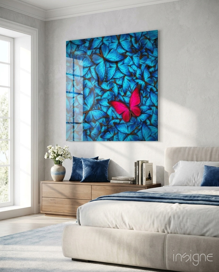 Pink Butterfly on Blue Swarm Glass Wall Art