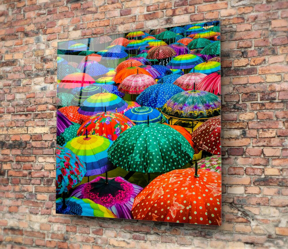 Rainbow Polka Dot Canopy Umbrellas Glass Wall Art