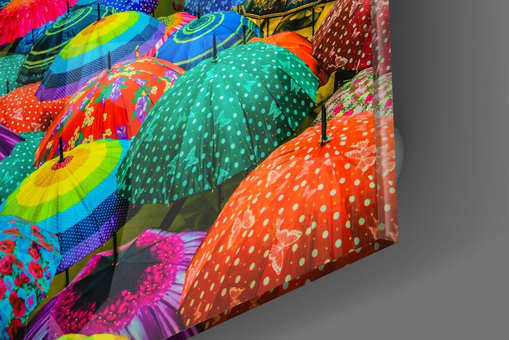 Rainbow Polka Dot Canopy Umbrellas Glass Wall Art