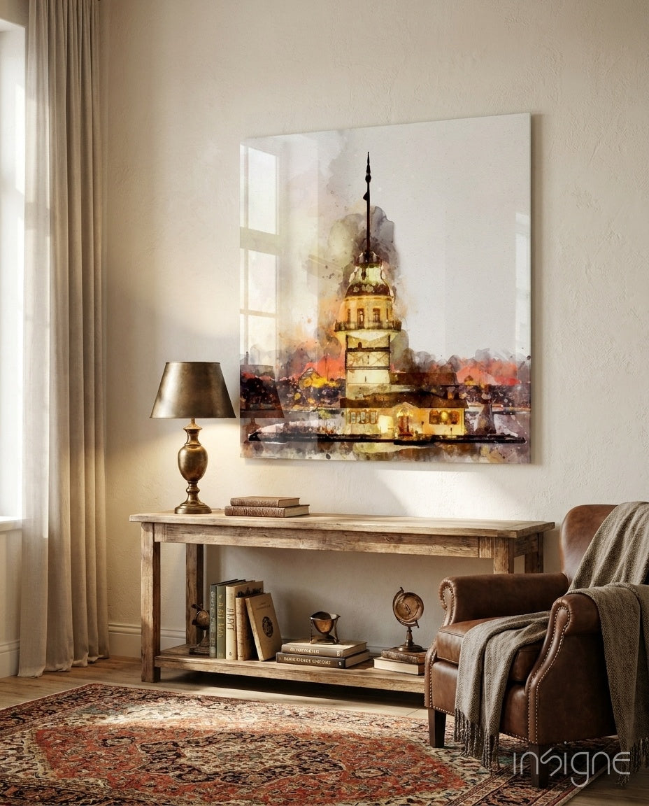 Watercolor Golden Glow Maidens Tower Glass Wall Art