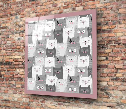 Gray Doodle Faces Pink Border Cats Glass Wall Art