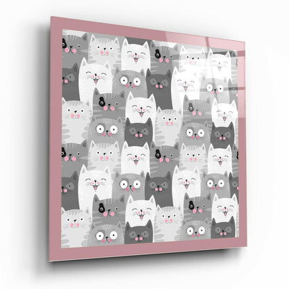 Gray Doodle Faces Pink Border Cats Glass Wall Art