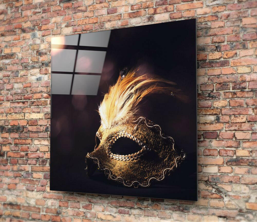 Gold Plumed Masquerade Mask Bokeh Glass Wall Art