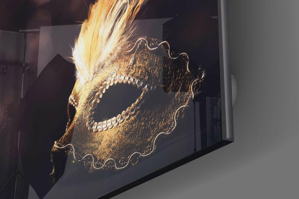 Gold Plumed Masquerade Mask Bokeh Glass Wall Art