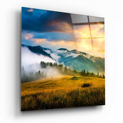 Misty Pine Ridge Golden Meadow Glass Wall Art