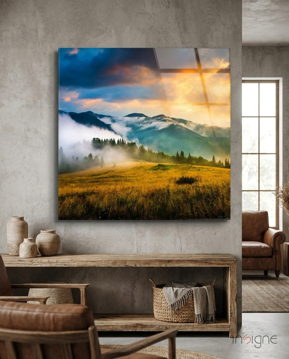 Misty Pine Ridge Golden Meadow Glass Wall Art