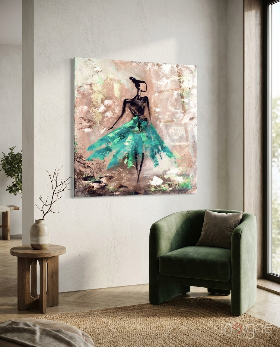 Turquoise Skirt Dancer Blush Backdrop Glass Wall Art