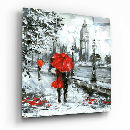 Red Umbrella Couple by Clock Tower Glass Wall Art