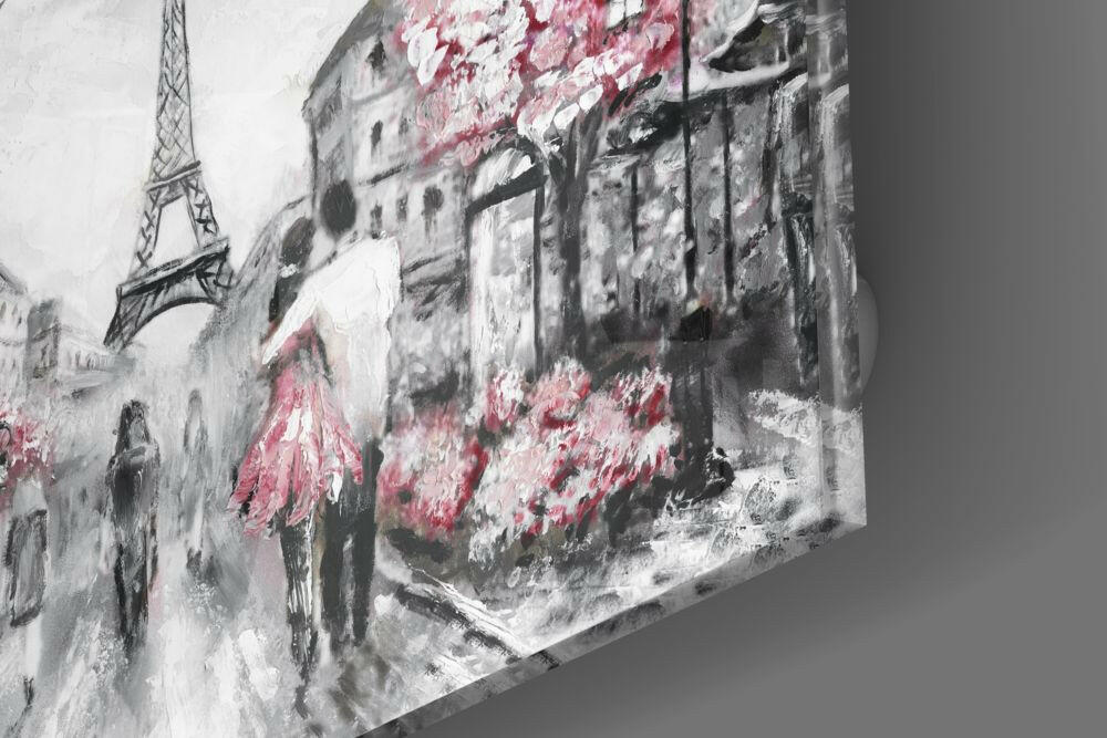 Pink Blossom Tree Paris Couple Glass Wall Art